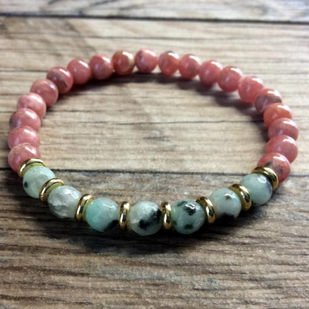 Rhodochrosite bracelet with kiwi stone, healing bracelet, pink bracelet